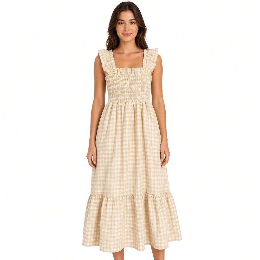 Chou Yatou Womens Small Flutter Ruffle Sleeve Smocked Gingham Maxi Pockets Dress